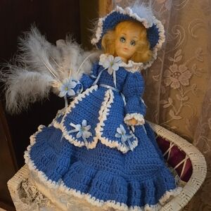Vintage Blue and White Crochet Doll with Bonnet